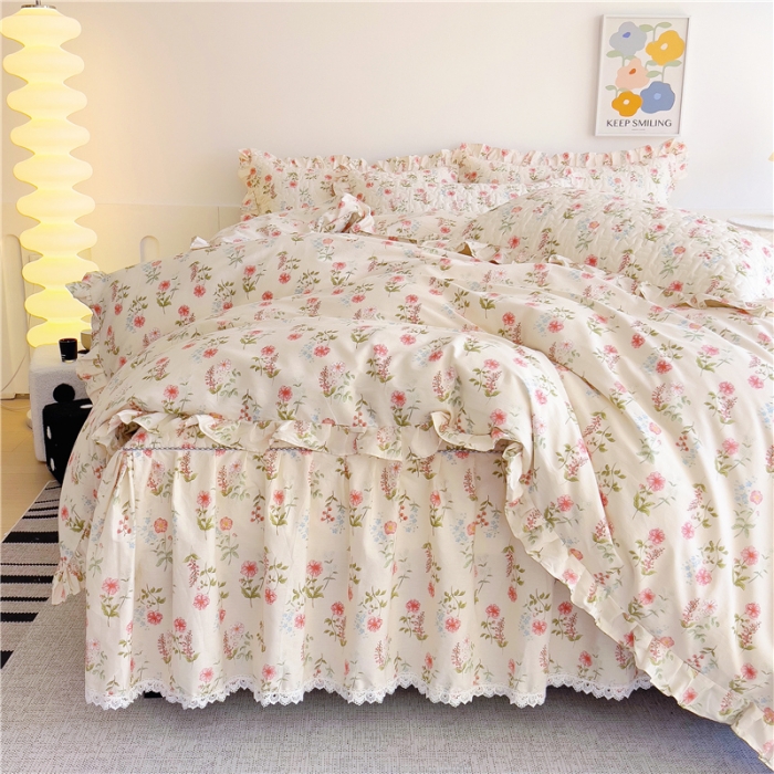 91家纺网 家纺一手货源 找家纺 十个点 2024新款全棉印花床笠式床裙四件套-樱桃系列 朵菲