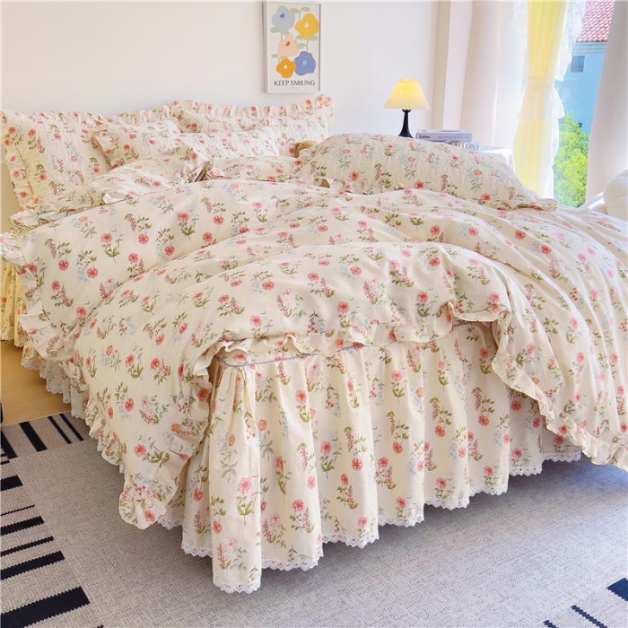 91家纺网 家纺一手货源 找家纺 十个点 2024新款全棉印花床笠式床裙四件套-樱桃系列 朵菲