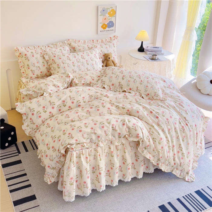 91家纺网 家纺一手货源 找家纺 十个点 2024新款全棉印花床笠式床裙四件套-樱桃系列 朵菲
