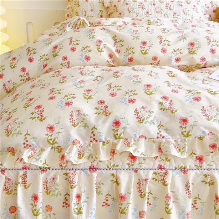 91家纺网 家纺一手货源 找家纺 十个点 2024新款全棉印花床笠式床裙四件套-樱桃系列 朵菲