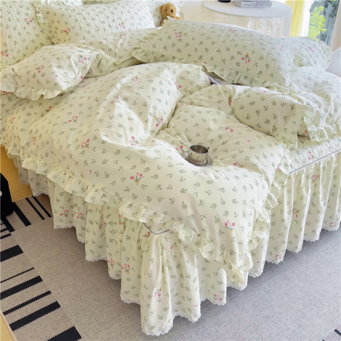 91家纺网 家纺一手货源 找家纺 十个点 2024新款全棉印花床笠式床裙四件套-樱桃系列 果香