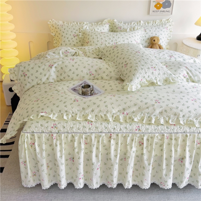 91家纺网 家纺一手货源 找家纺 十个点 2024新款全棉印花床笠式床裙四件套-樱桃系列 果香