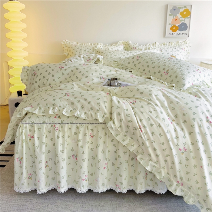 91家纺网 家纺一手货源 找家纺 十个点 2024新款全棉印花床笠式床裙四件套-樱桃系列 果香