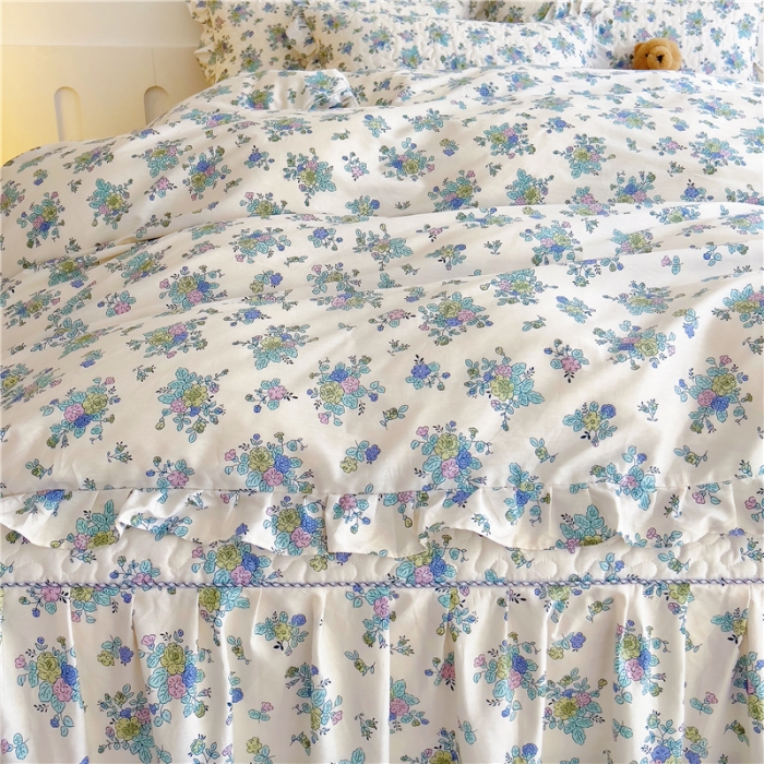 91家纺网 家纺一手货源 找家纺 十个点 2024新款全棉印花床笠式床裙四件套-樱桃系列 青花