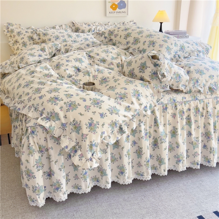 91家纺网 家纺一手货源 找家纺 十个点 2024新款全棉印花床笠式床裙四件套-樱桃系列 青花