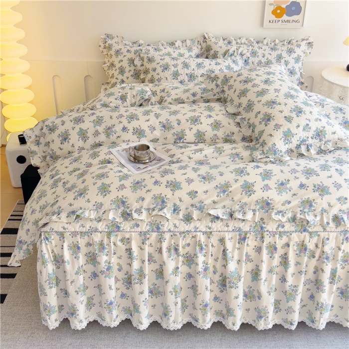 91家纺网 家纺一手货源 找家纺 十个点 2024新款全棉印花床笠式床裙四件套-樱桃系列 青花