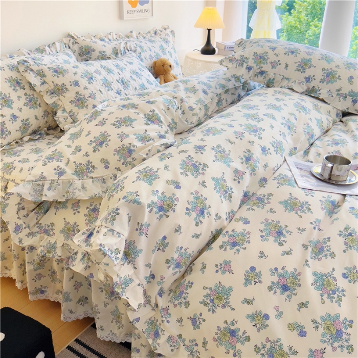 91家纺网 家纺一手货源 找家纺 十个点 2024新款全棉印花床笠式床裙四件套-樱桃系列 青花