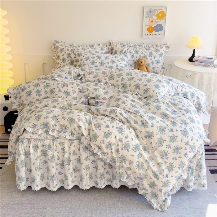 91家纺网 家纺一手货源 找家纺 十个点 2024新款全棉印花床笠式床裙四件套-樱桃系列 青花