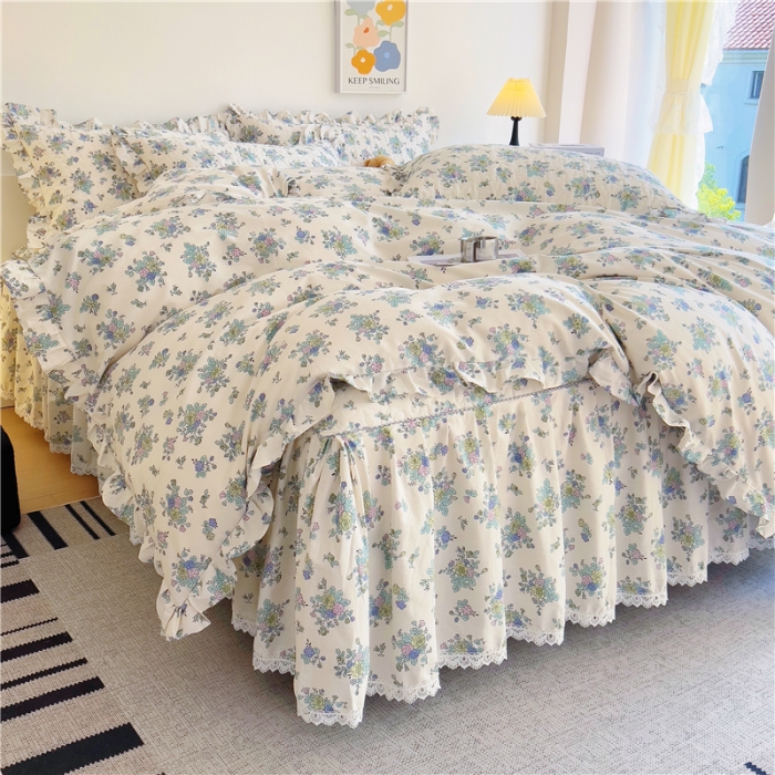 91家纺网 家纺一手货源 找家纺 十个点 2024新款全棉印花床笠式床裙四件套-樱桃系列 青花