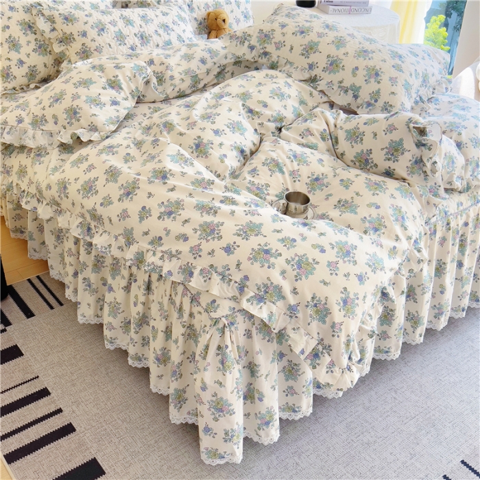 91家纺网 家纺一手货源 找家纺 十个点 2024新款全棉印花床笠式床裙四件套-樱桃系列 青花