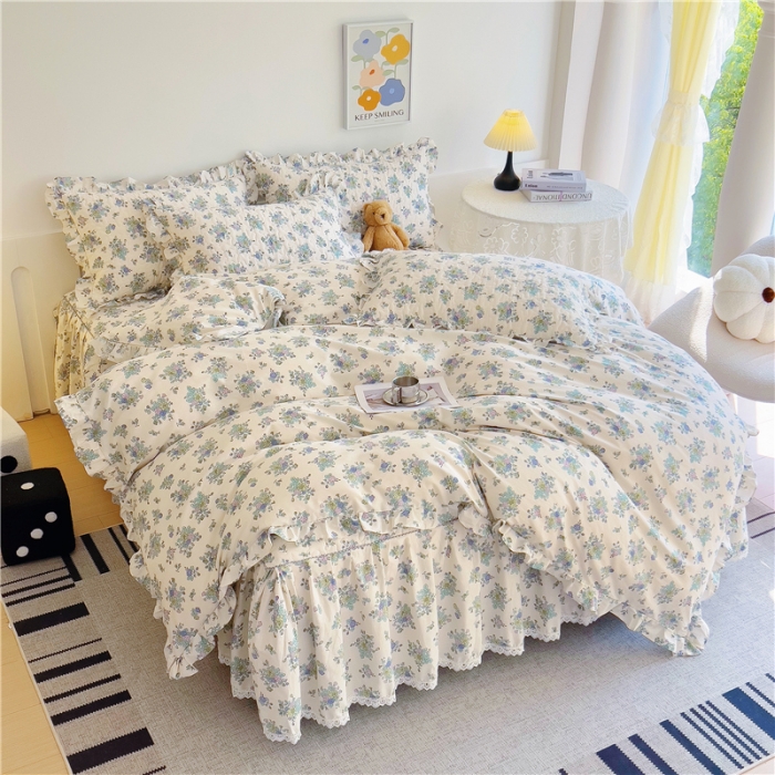 91家纺网 家纺一手货源 找家纺 十个点 2024新款全棉印花床笠式床裙四件套-樱桃系列 青花