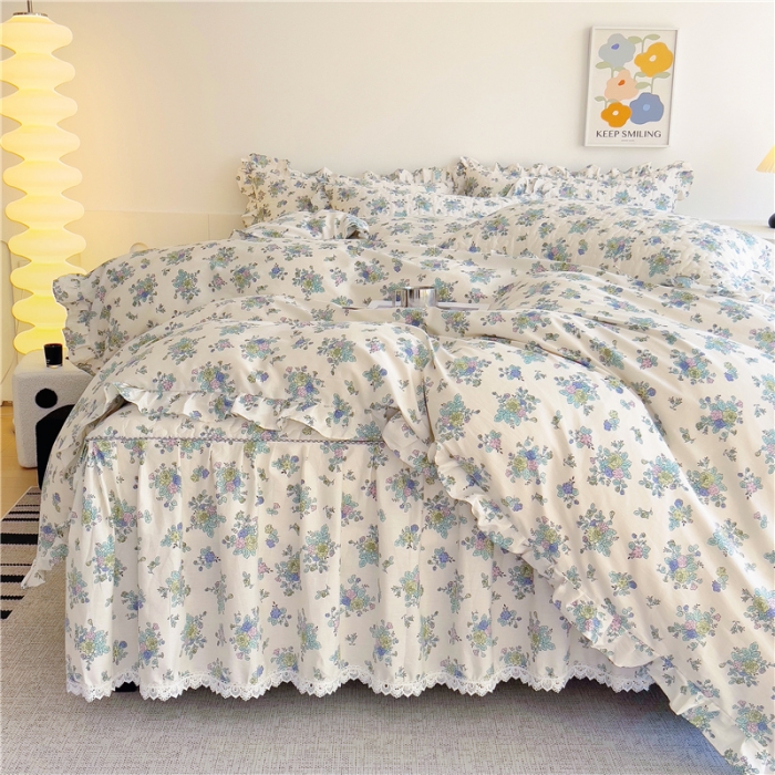 91家纺网 家纺一手货源 找家纺 十个点 2024新款全棉印花床笠式床裙四件套-樱桃系列 青花