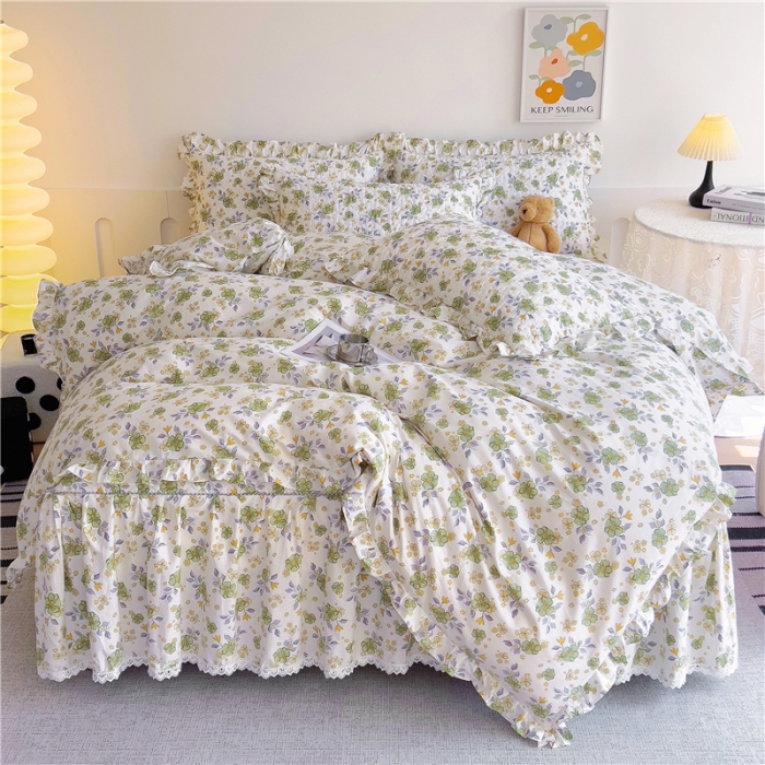 91家纺网 家纺一手货源 找家纺 十个点 2024新款全棉印花床笠式床裙四件套-樱桃系列 秋意