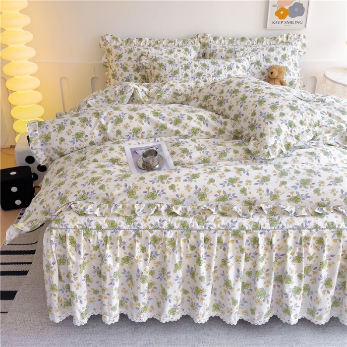 91家纺网 家纺一手货源 找家纺 十个点 2024新款全棉印花床笠式床裙四件套-樱桃系列 秋意