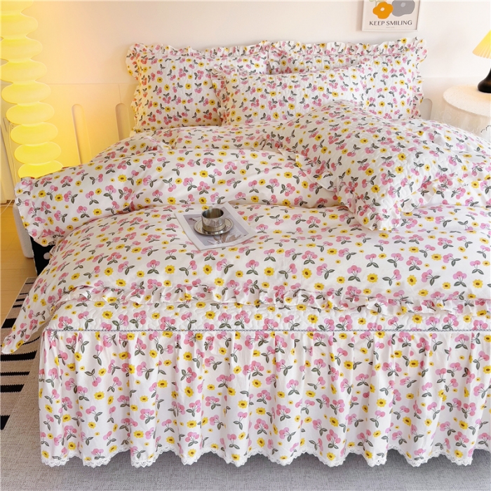 91家纺网 家纺一手货源 找家纺 十个点 2024新款全棉印花床笠式床裙四件套-樱桃系列 樱桃