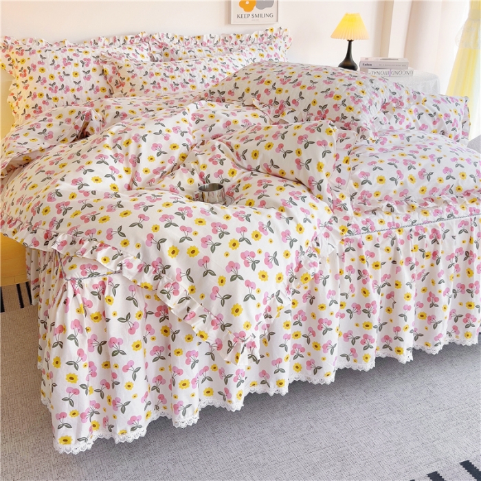 91家纺网 家纺一手货源 找家纺 十个点 2024新款全棉印花床笠式床裙四件套-樱桃系列 樱桃