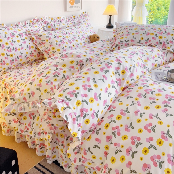 91家纺网 家纺一手货源 找家纺 十个点 2024新款全棉印花床笠式床裙四件套-樱桃系列 樱桃