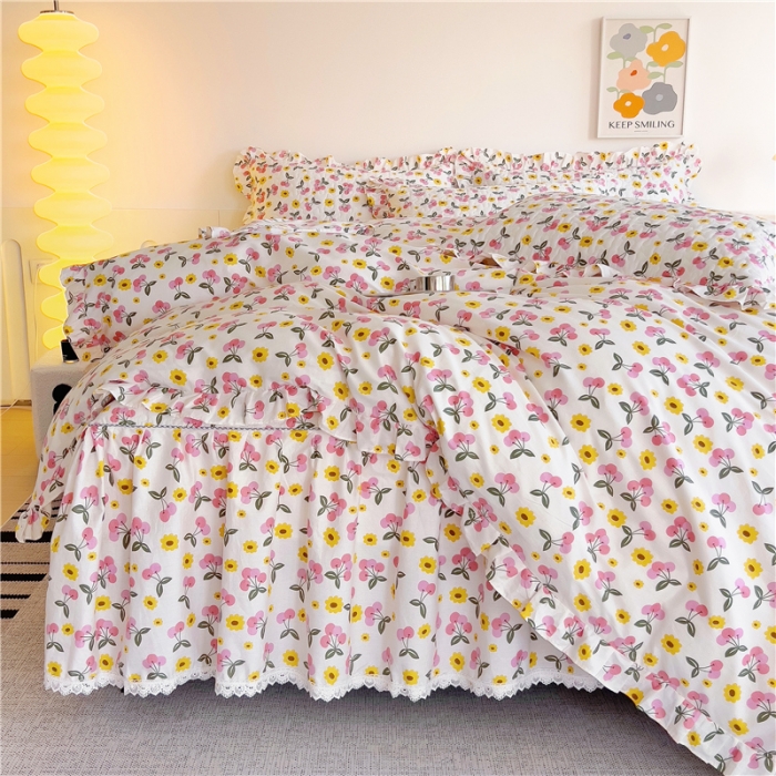 91家纺网 家纺一手货源 找家纺 十个点 2024新款全棉印花床笠式床裙四件套-樱桃系列 樱桃