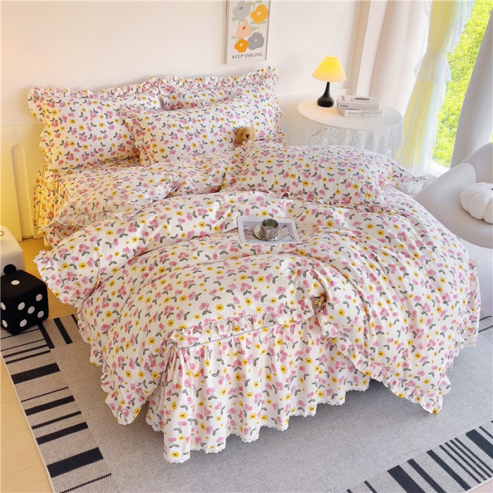 91家纺网 家纺一手货源 找家纺 十个点 2024新款全棉印花床笠式床裙四件套-樱桃系列 樱桃