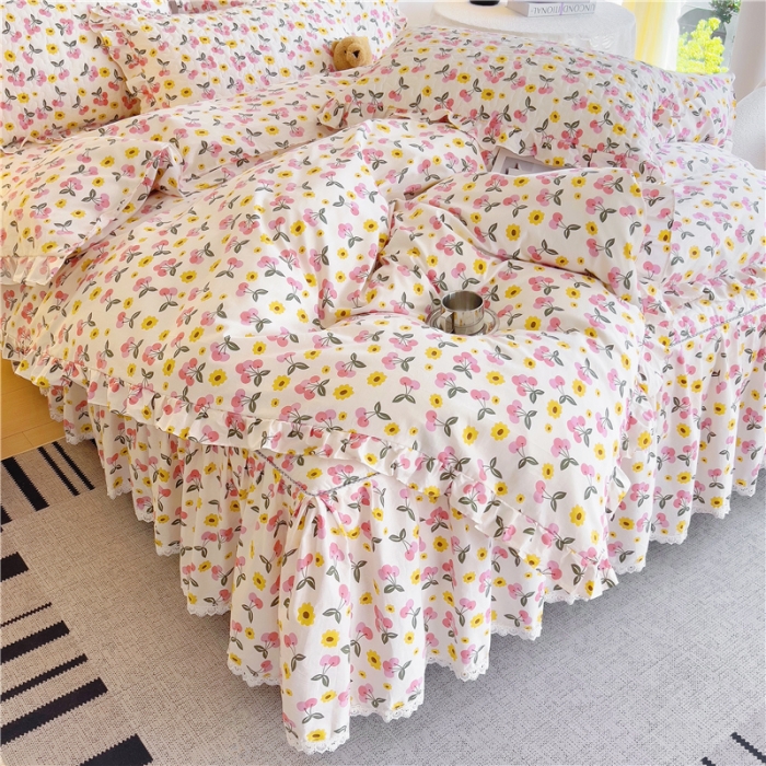 91家纺网 家纺一手货源 找家纺 十个点 2024新款全棉印花床笠式床裙四件套-樱桃系列 樱桃