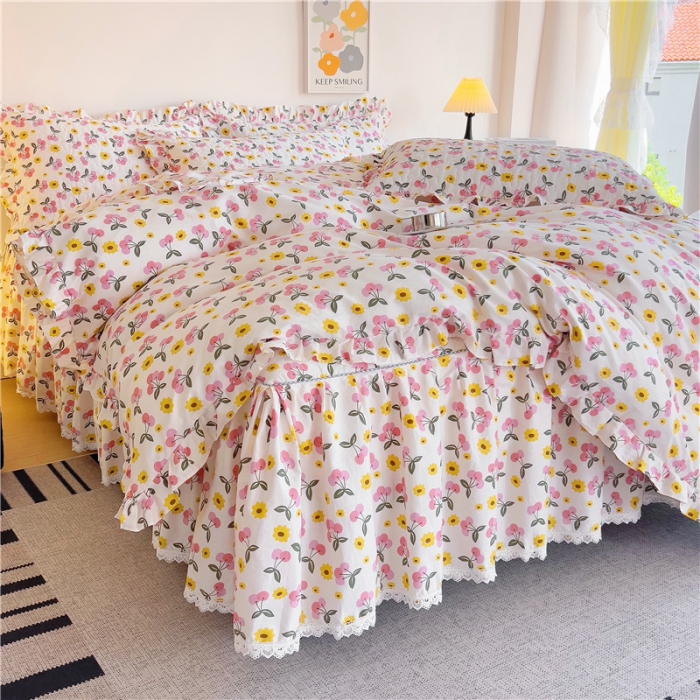 91家纺网 家纺一手货源 找家纺 十个点 2024新款全棉印花床笠式床裙四件套-樱桃系列 樱桃