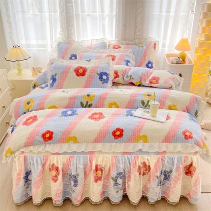 宜凡家纺 2023新款牛奶绒印花夹棉被套床笠式床裙四件套 浮华相约