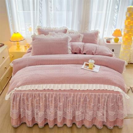 宜凡家纺 2023新款牛奶绒印花夹棉被套床笠式床裙四件套 爱心-豆沙粉