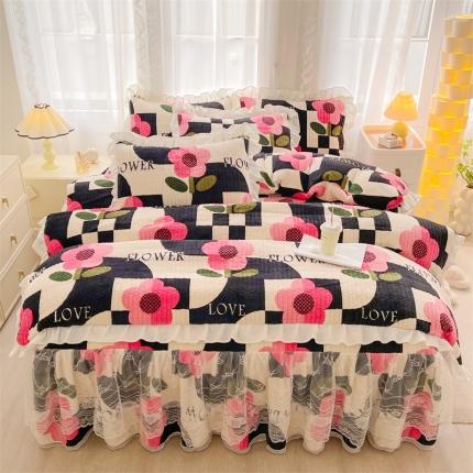 宜凡家纺 2023新款牛奶绒印花夹棉被套床笠式床裙四件套 巴黎春天