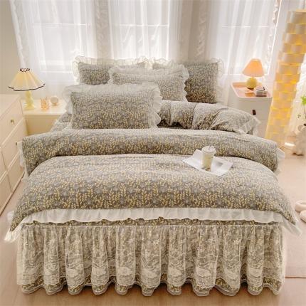 宜凡家纺 2023新款牛奶绒印花夹棉被套床笠式床裙四件套 风吹麦浪