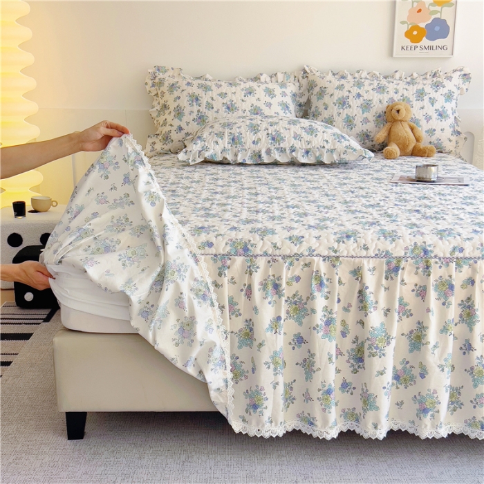 91家纺网 家纺一手货源 找家纺 十个点 2024新款全棉印花床笠式单品床裙-樱桃系列 青花