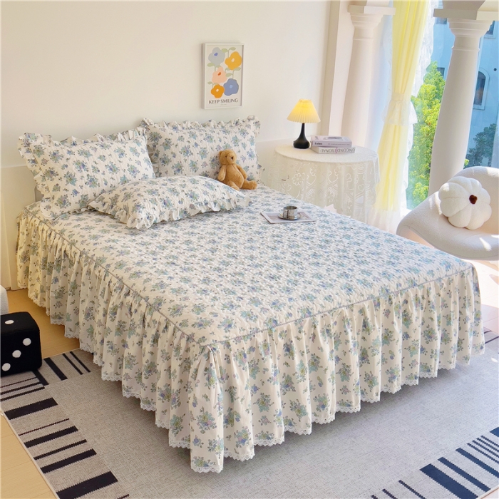 91家纺网 家纺一手货源 找家纺 十个点 2024新款全棉印花床笠式单品床裙-樱桃系列 青花