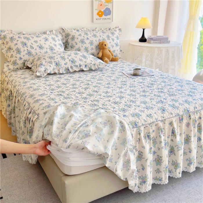 91家纺网 家纺一手货源 找家纺 十个点 2024新款全棉印花床笠式单品床裙-樱桃系列 青花