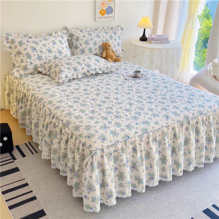 91家纺网 家纺一手货源 找家纺 十个点 2024新款全棉印花床笠式单品床裙-樱桃系列 青花