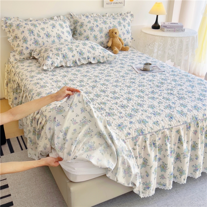 91家纺网 家纺一手货源 找家纺 十个点 2024新款全棉印花床笠式单品床裙-樱桃系列 青花