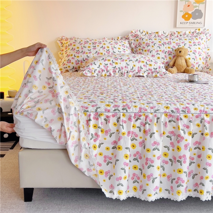 91家纺网 家纺一手货源 找家纺 十个点 2024新款全棉印花床笠式单品床裙-樱桃系列 樱桃