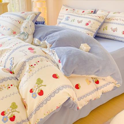 91家纺网 家纺一手货源 找家纺 金丝鸟家纺 2023新款全棉印花加牛奶绒四件套 蓝色花园 a棉b牛奶绒