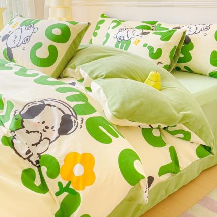 91家纺网 家纺一手货源 找家纺 金丝鸟家纺 2023新款全棉印花加牛奶绒四件套 乐乐狗 a棉b牛奶绒