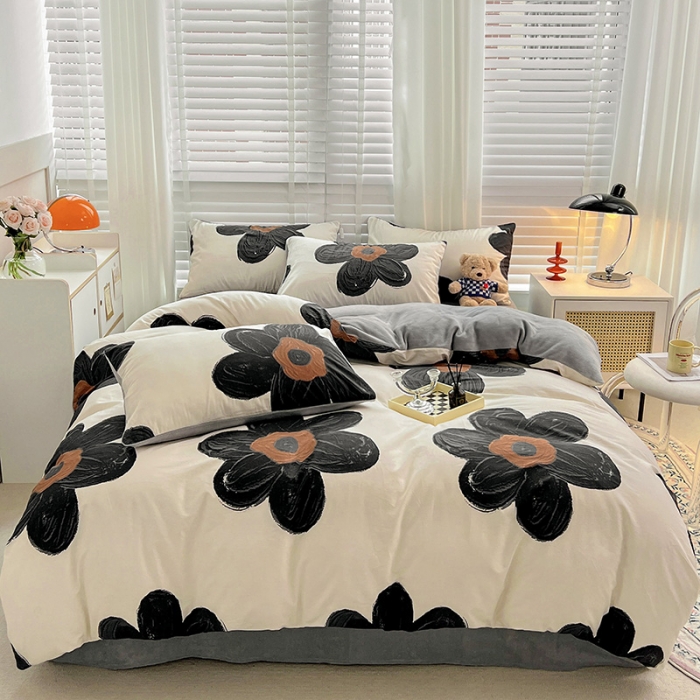 91家纺网 家纺一手货源 找家纺 金丝鸟家纺 2023新款全棉印花加牛奶绒四件套 暗影 a棉b牛奶绒