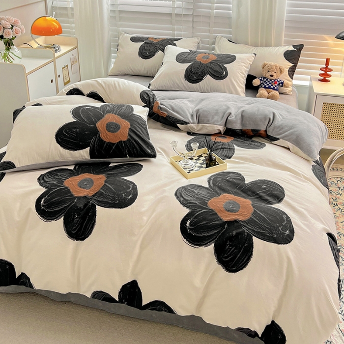 91家纺网 家纺一手货源 找家纺 金丝鸟家纺 2023新款全棉印花加牛奶绒四件套 暗影 a棉b牛奶绒