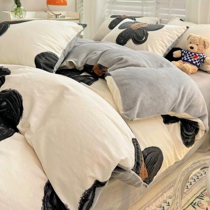 金丝鸟家纺 2023新款全棉印花加牛奶绒四件套 暗影 a棉b牛奶绒