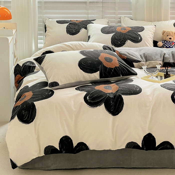 91家纺网 家纺一手货源 找家纺 金丝鸟家纺 2023新款全棉印花加牛奶绒四件套 暗影 a棉b牛奶绒