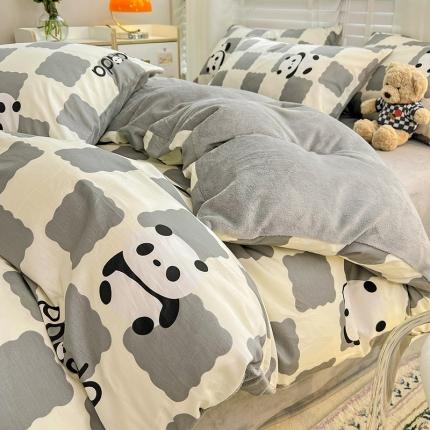 金丝鸟家纺 2023新款全棉印花加牛奶绒四件套 宝宝熊 灰 a棉b牛奶绒