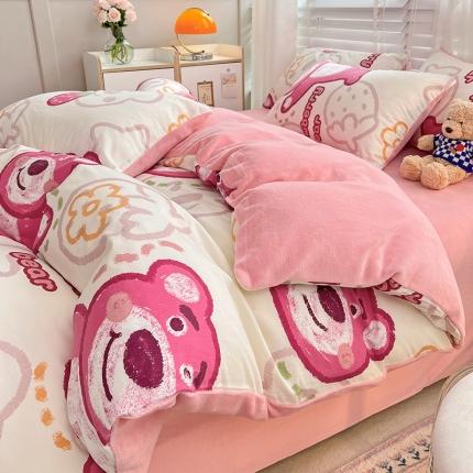 金丝鸟家纺 2023新款全棉印花加牛奶绒四件套 草莓熊 a棉b牛奶绒