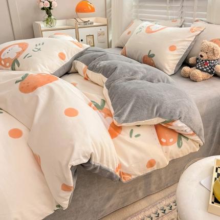 金丝鸟家纺 2023新款全棉印花加牛奶绒四件套 桔子兔 a棉b牛奶绒