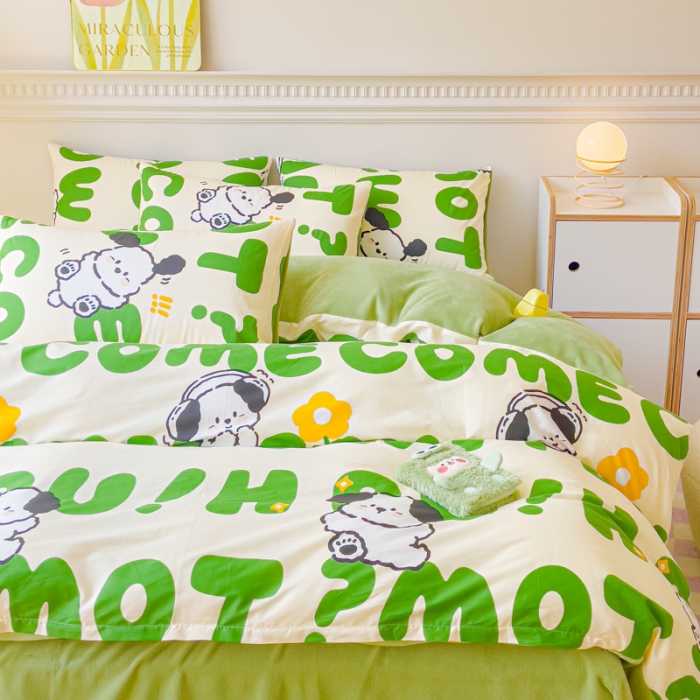 91家纺网 家纺一手货源 找家纺 金丝鸟家纺 2023新款全棉印花加牛奶绒四件套 乐乐狗 a棉b牛奶绒