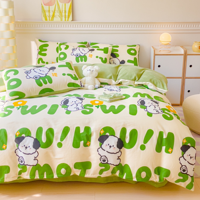 91家纺网 家纺一手货源 找家纺 金丝鸟家纺 2023新款全棉印花加牛奶绒四件套 乐乐狗 a棉b牛奶绒