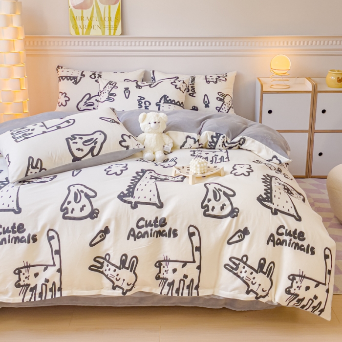 91家纺网 家纺一手货源 找家纺 金丝鸟家纺 2023新款全棉印花加牛奶绒四件套 涂鸦 a棉b牛奶绒