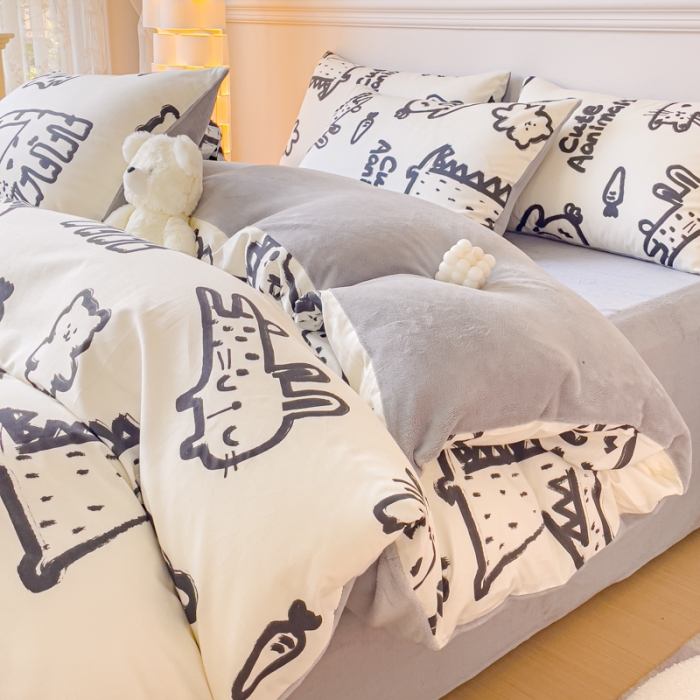 91家纺网 家纺一手货源 找家纺 金丝鸟家纺 2023新款全棉印花加牛奶绒四件套 涂鸦 a棉b牛奶绒