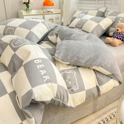金丝鸟家纺 2023新款全棉印花加牛奶绒四件套 无影熊 a棉b牛奶绒
