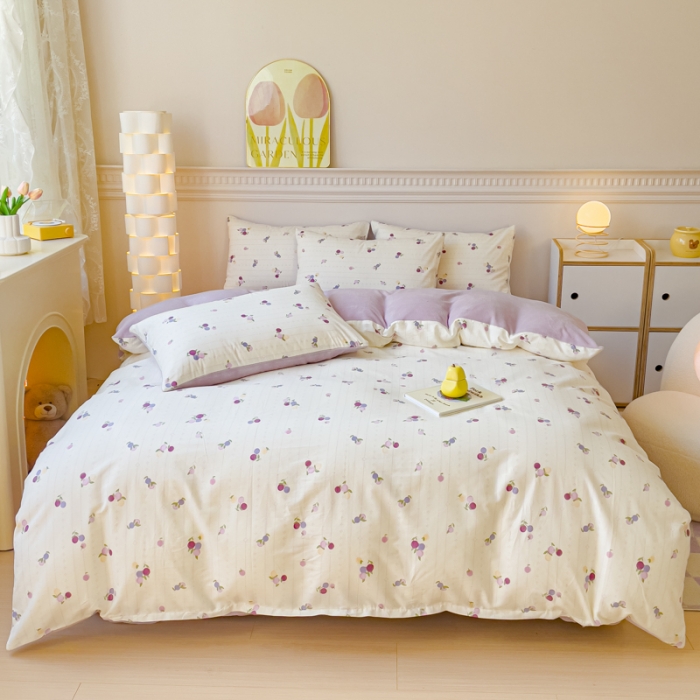 91家纺网 家纺一手货源 找家纺 金丝鸟家纺 2023新款全棉印花加牛奶绒四件套 紫葡萄 a棉b牛奶绒